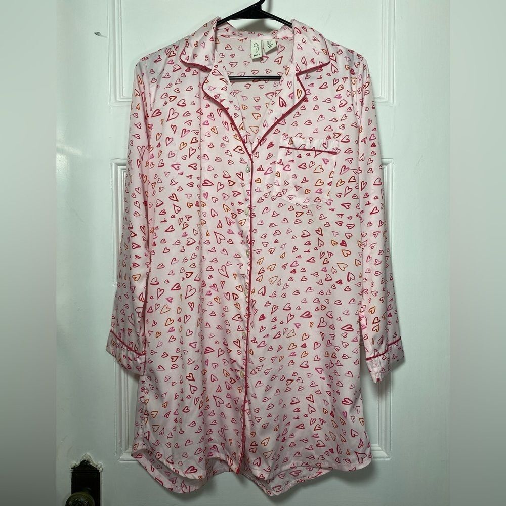Joie | Heart Print Button Down Long Sleeve Sleep Shirt Nightgown Sz Small